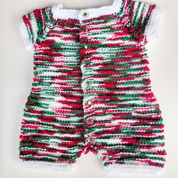 Baby Christmas One Piece Onzie Hand Crafted Reindeer Hat Knit Red Green White - Picture 10 of 16